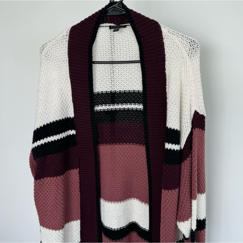 Express | Striped Open Front Long Cardigan Sweater | Black/Pink/Ivory | Size M​